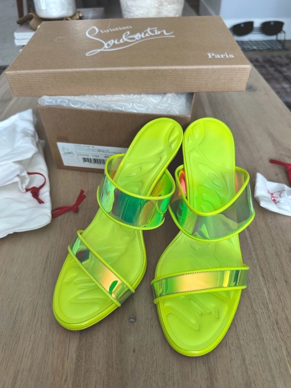 Christian Louboutin Neon Yellow Iridescent Slide Sandals